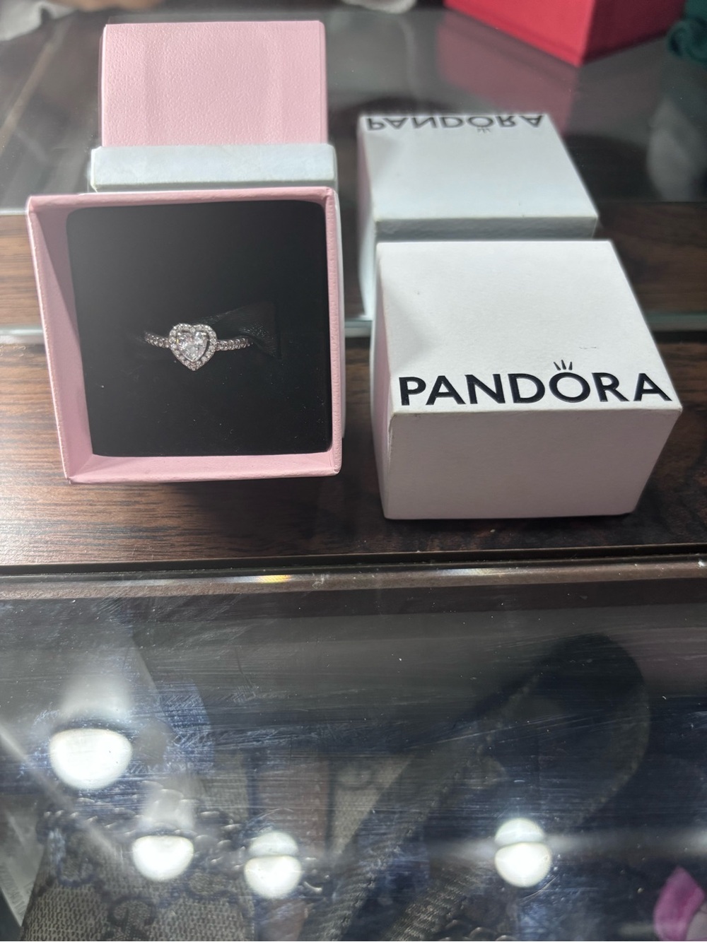 Pandora Silver Heart Halo Ring with Pink Box